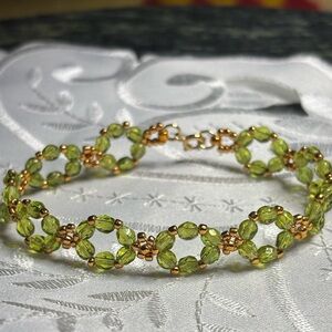 Handmade Green and Gold Beaded Bracelet 8 inches